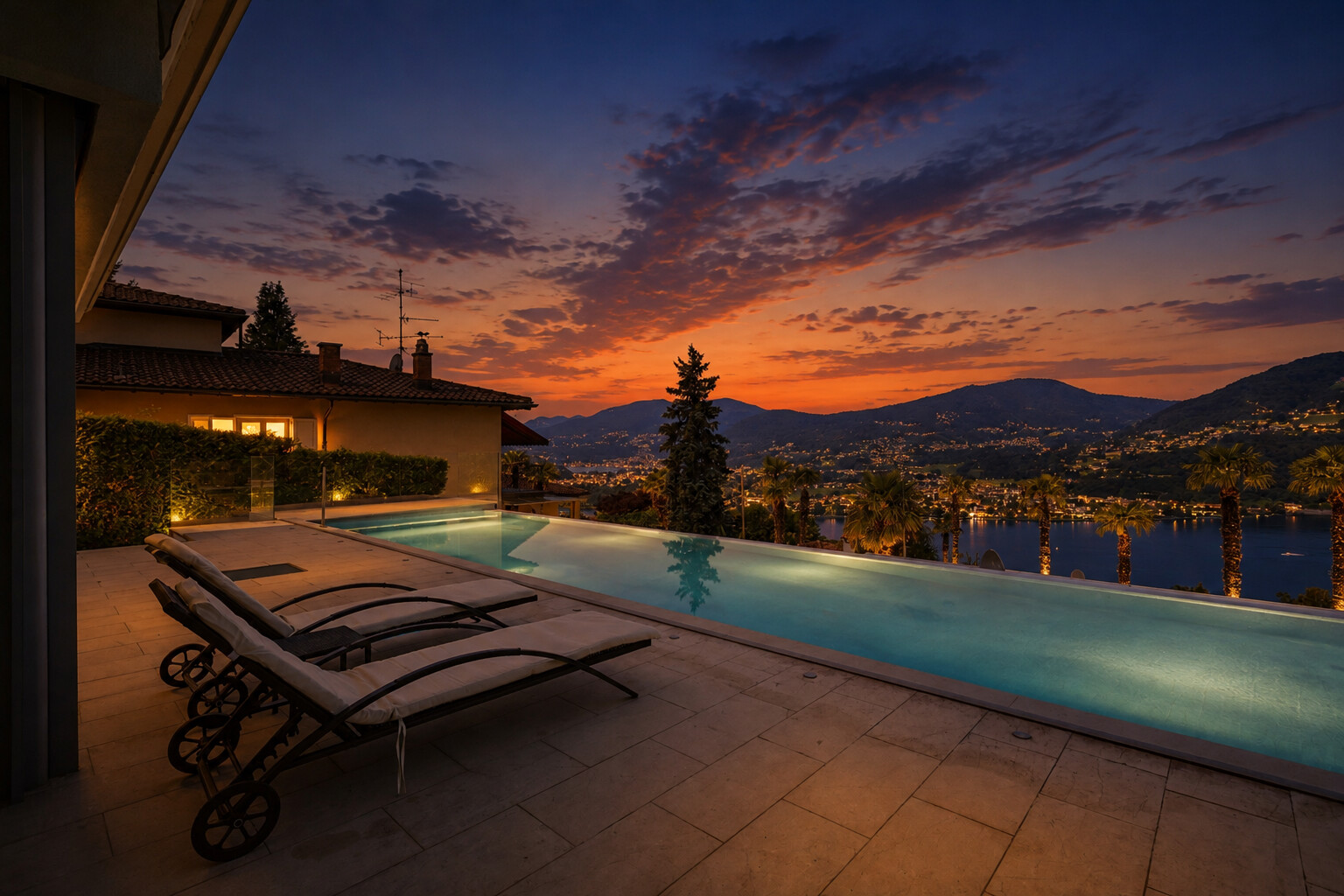 The same terrace converted to a warm twilight scene