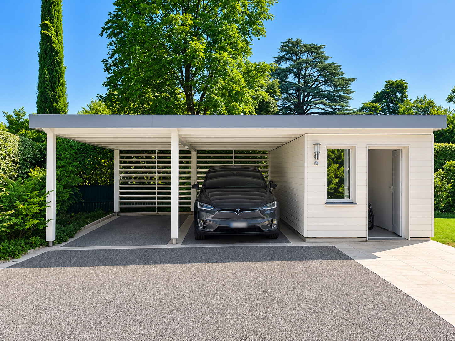 A carport with a car parked under it